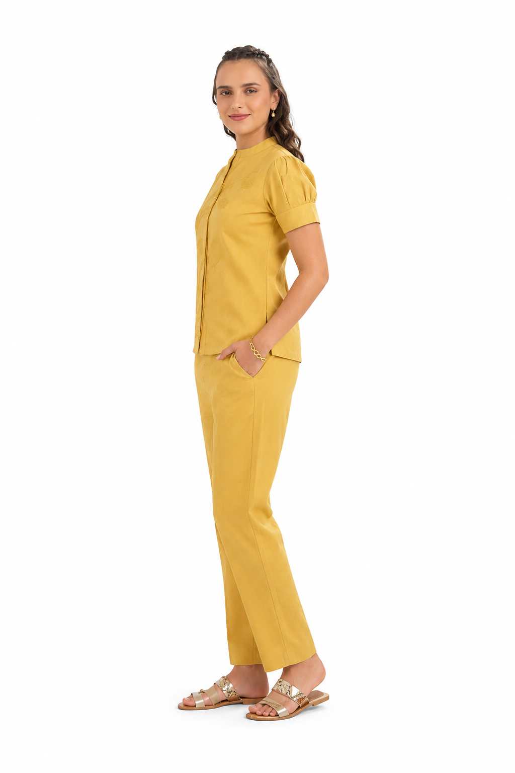 Mesmerro Golden Lily Mustard Embroidered Women’s Co-Ord Set with Mandarin-Collar Puff-Sleeve Top & Straight-Fit Pants