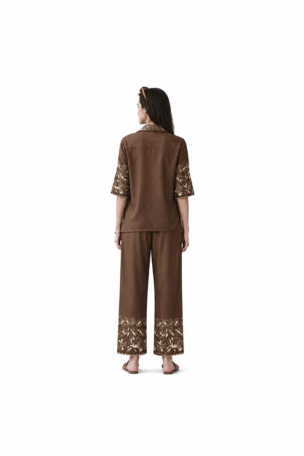 Mesmerro Mocha Bloom Embroidered Women’s Co-Ord Set with Collared Half-Sleeve Shirt & Straight-Fit Pants