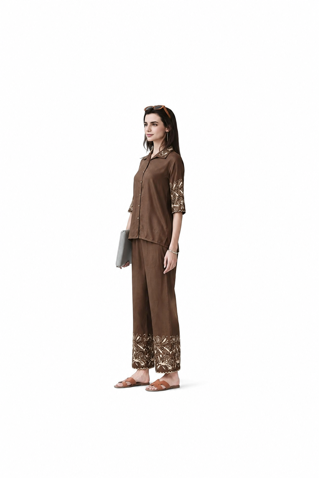 Mesmerro Mocha Bloom Embroidered Women’s Co-Ord Set with Collared Half-Sleeve Shirt & Straight-Fit Pants