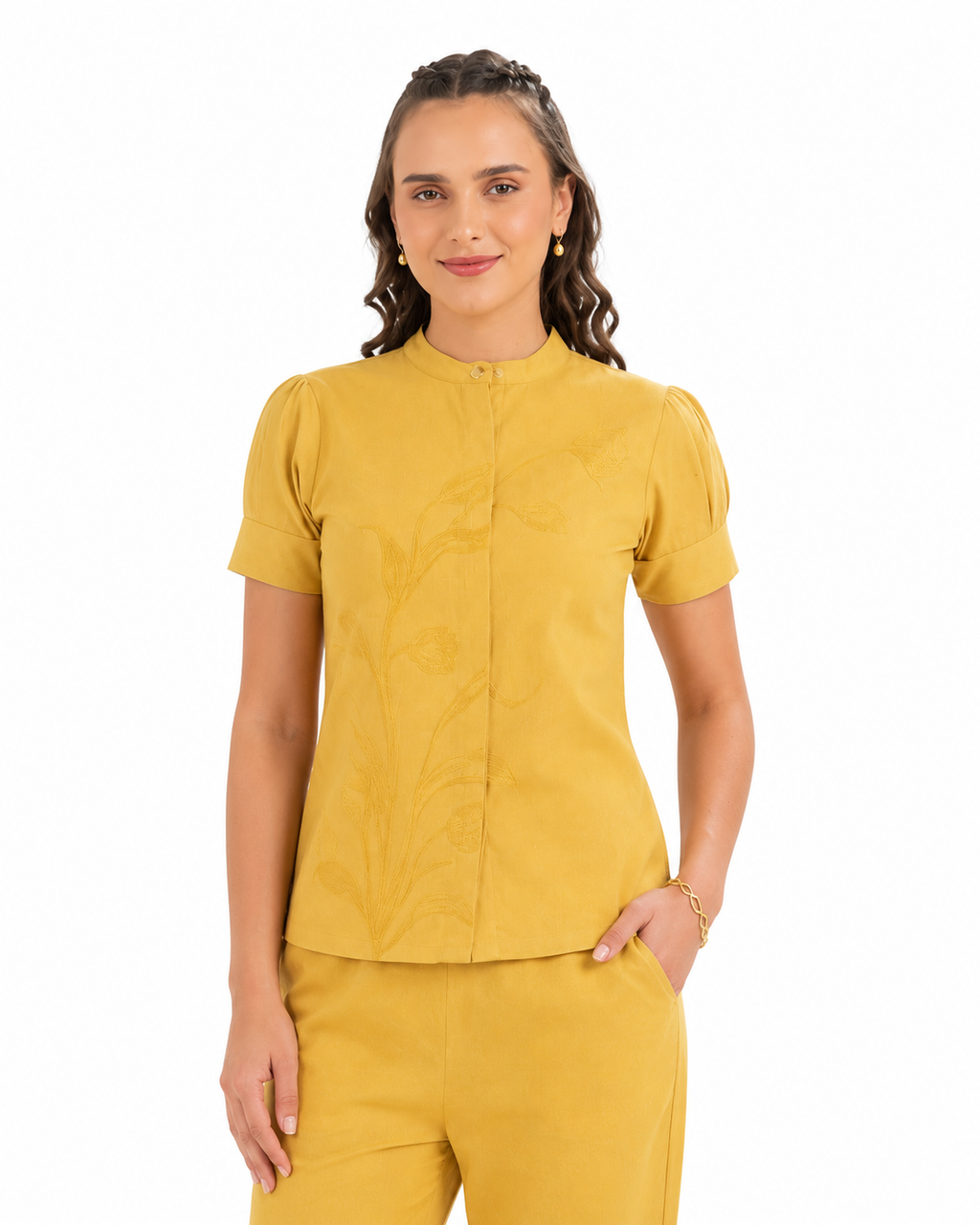 Mesmerro Golden Lily Mustard Embroidered Women’s Co-Ord Set with Mandarin-Collar Puff-Sleeve Top & Straight-Fit Pants