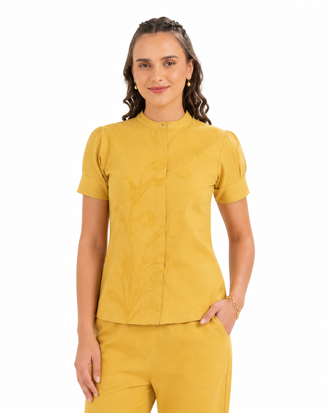 Mesmerro Golden Lily Mustard Embroidered Women’s Co-Ord Set with Mandarin-Collar Puff-Sleeve Top & Straight-Fit Pants