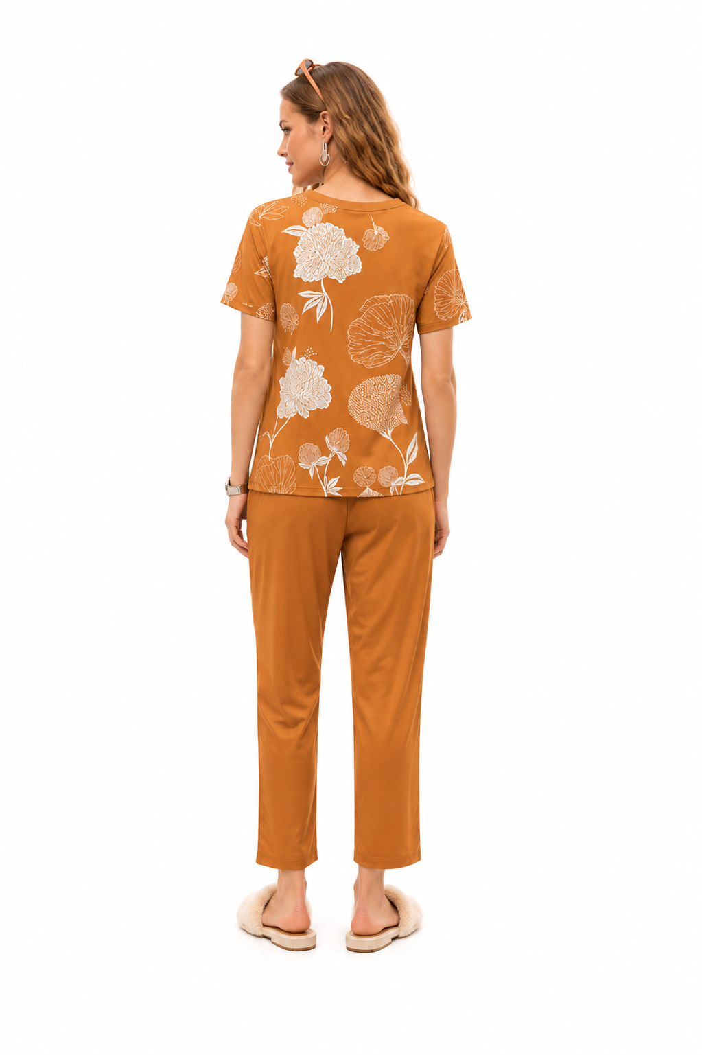 Mesmerro Sage Meadow Floral Printed Women’s Co-Ord Set with Round-Neck Short-Sleeve Top & Straight-Fit Pants