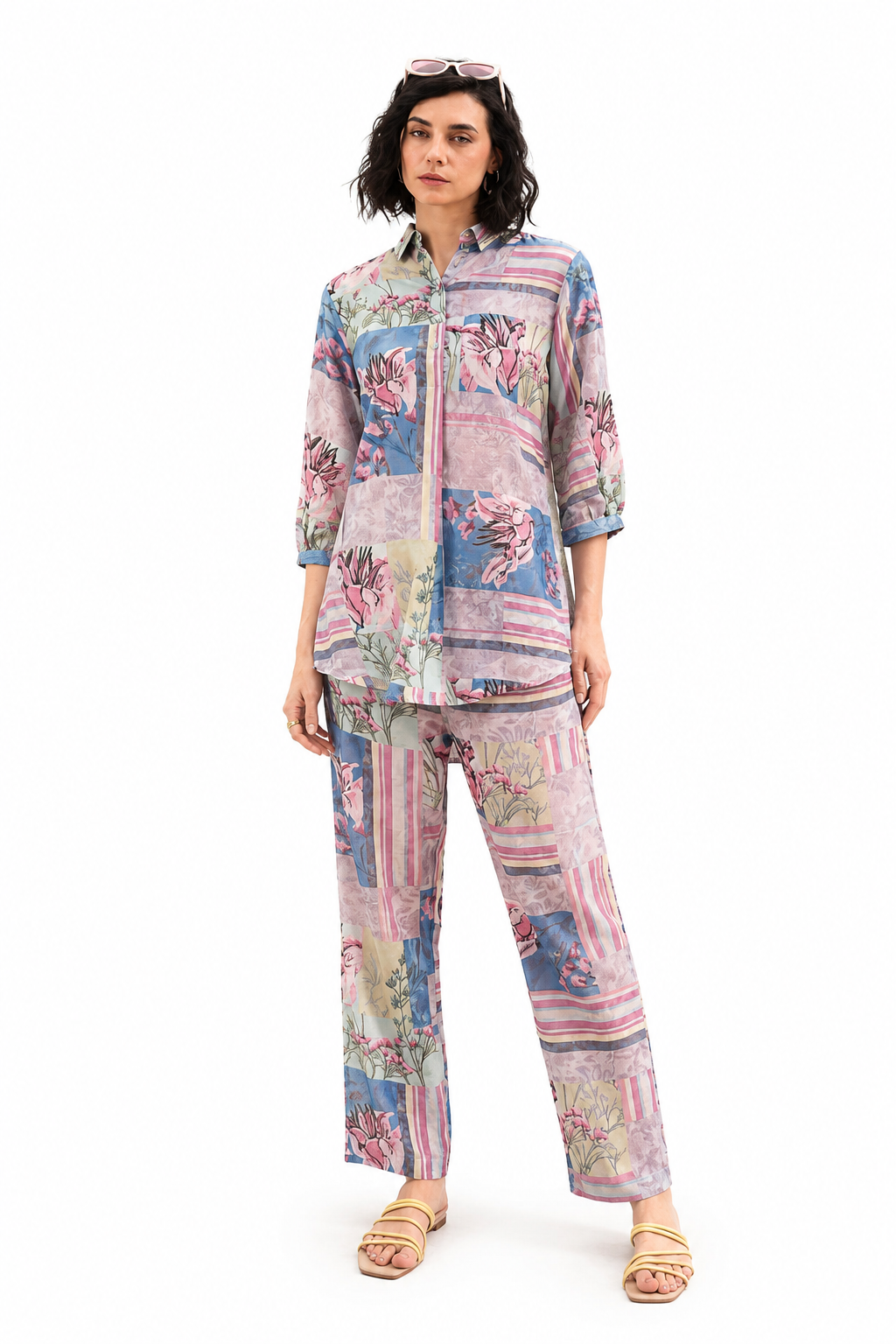 Mesmerro Pastel Garden Patchwork Floral Printed Women’s Co-Ord Set with Collared 3/4 Sleeve Top & Straight-Fit Pants