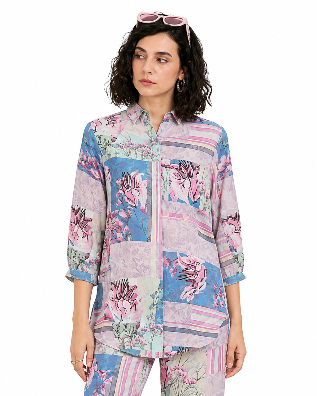 Mesmerro Pastel Garden Patchwork Floral Printed Women’s Co-Ord Set with Collared 3/4 Sleeve Top & Straight-Fit Pants