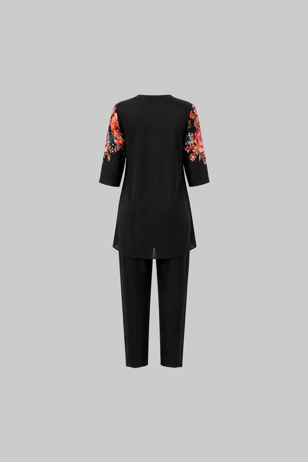 Mesmerro Midnight Bouquet Floral Printed Women’s Co-Ord Set with Split-Neck 3/4 Sleeve Tunic & Tapered Pants