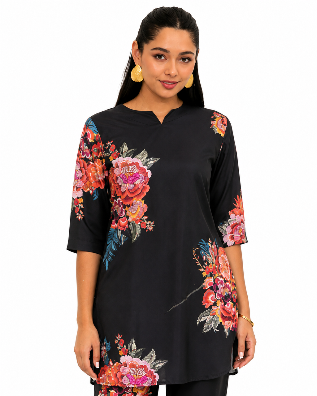 Mesmerro Midnight Bouquet Floral Printed Women’s Co-Ord Set with Split-Neck 3/4 Sleeve Tunic & Tapered Pants