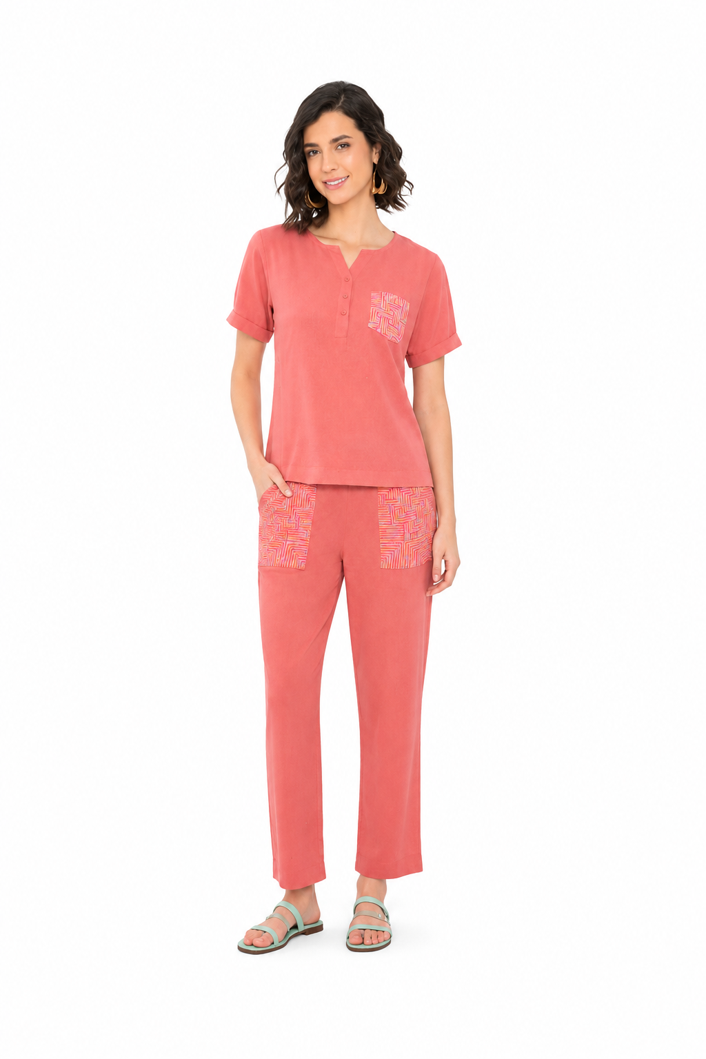 Mesmerro Coral Mosaic Women’s Co-Ord Set with Split-Neck Short-Sleeve Top & Straight-Fit Pocket Pants
