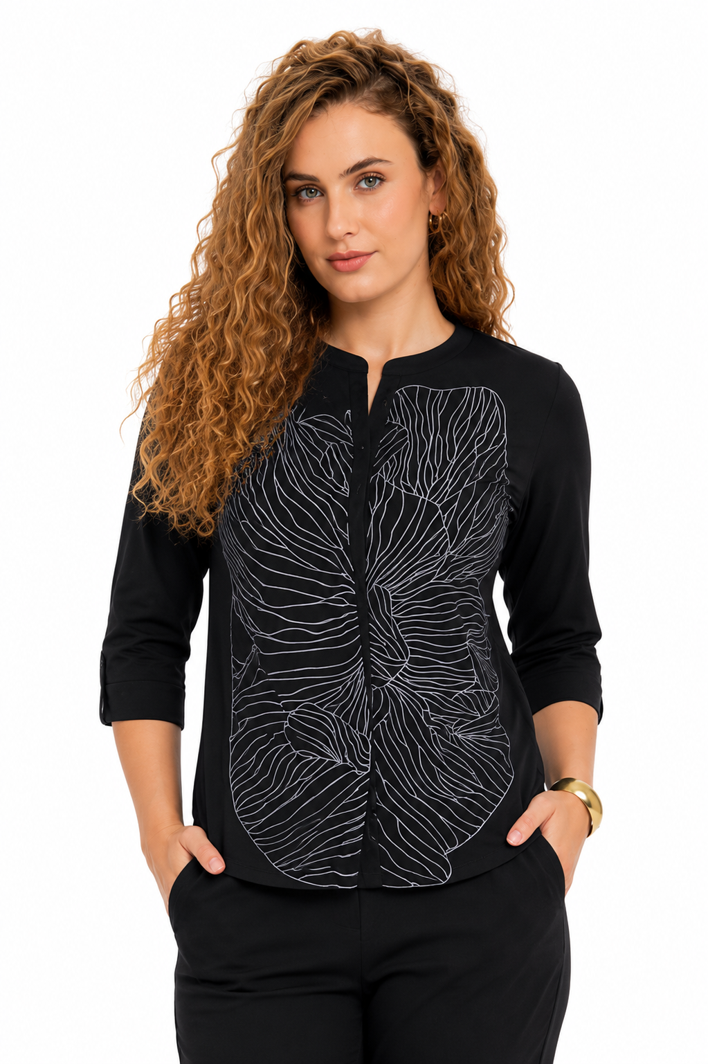 Mesmerro Midnight Leaf Black Line-Art Women’s Co-Ord Set with Split-Neck 3/4 Sleeve Top & Straight-Fit Pants