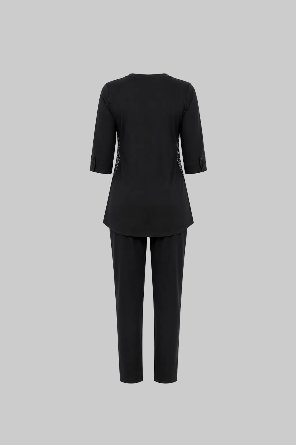 Mesmerro Midnight Leaf Black Line-Art Women’s Co-Ord Set with Split-Neck 3/4 Sleeve Top & Straight-Fit Pants