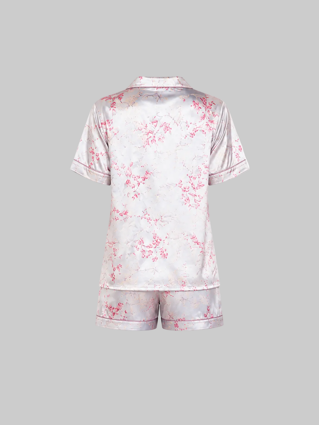 Mesmerro Silver Blossom Floral Satin Women’s Nightwear Set with Mandarin-Collar Short-Sleeve Top & Shorts