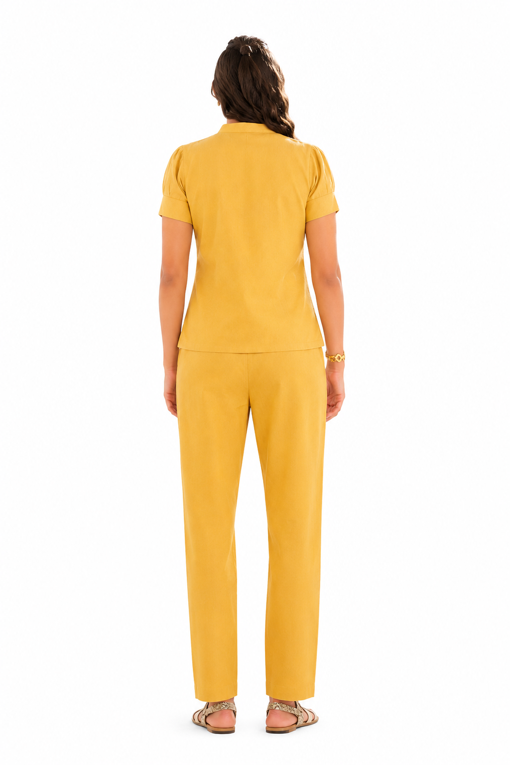 Mesmerro Golden Lily Mustard Embroidered Women’s Co-Ord Set with Mandarin-Collar Puff-Sleeve Top & Straight-Fit Pants