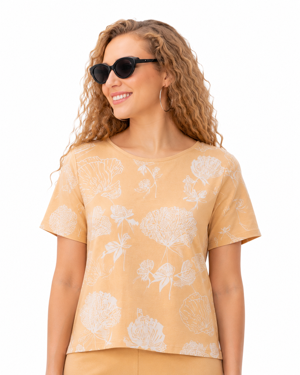 Mesmerro Peach Blossom Floral Printed Women’s Co-Ord Set with Round-Neck Short-Sleeve Top & Straight-Fit Pants
