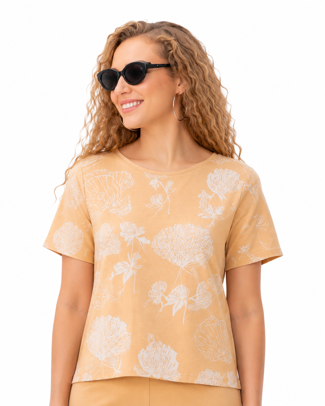 Mesmerro Peach Blossom Floral Printed Women’s Co-Ord Set with Round-Neck Short-Sleeve Top & Straight-Fit Pants