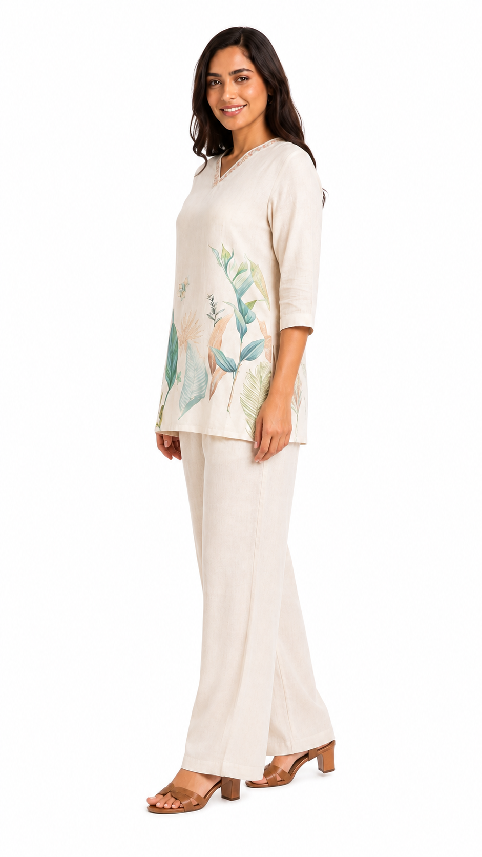 Mesmerro Ivory Botanical Grace Women’s Co-Ord Set with Printed V-Neck 3/4 Sleeve Tunic & Wide-Leg Pants