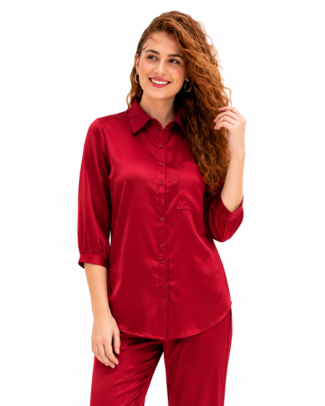 Mesmerro Crimson Luxe Solid Satin Women’s Co-Ord Set with Collared 3/4 Sleeve Shirt & Straight-Fit Pants