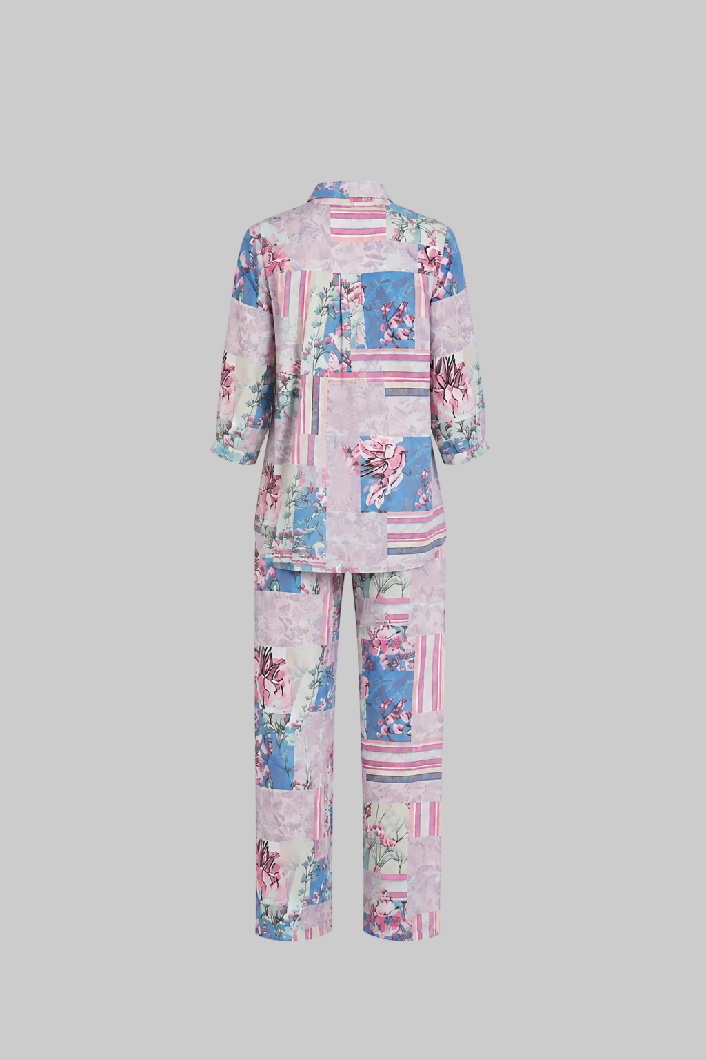 Mesmerro Pastel Garden Patchwork Floral Printed Women’s Co-Ord Set with Collared 3/4 Sleeve Top & Straight-Fit Pants
