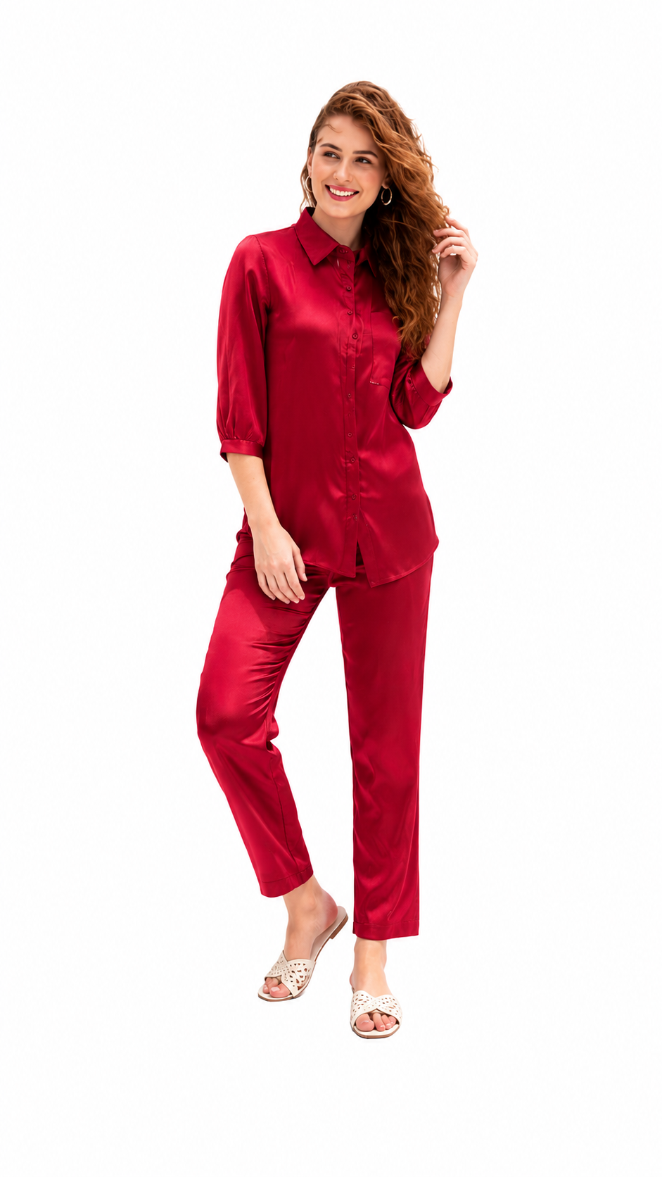 Mesmerro Crimson Luxe Solid Satin Women’s Co-Ord Set with Collared 3/4 Sleeve Shirt & Straight-Fit Pants