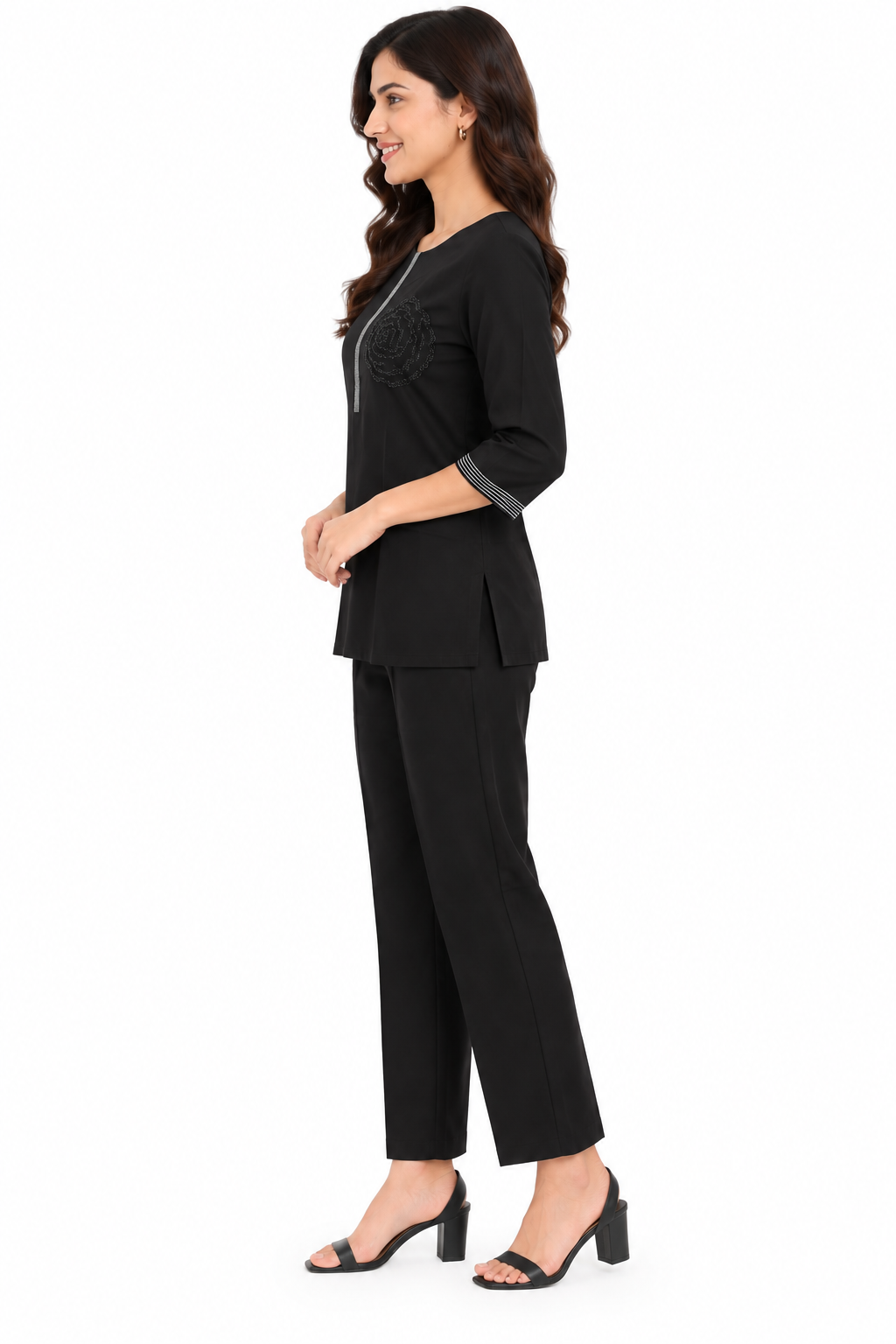 Mesmerro Midnight Rose Black Embroidered Women’s Co-Ord Set with Round-Neck 3/4 Sleeve Top & Straight-Fit Pants