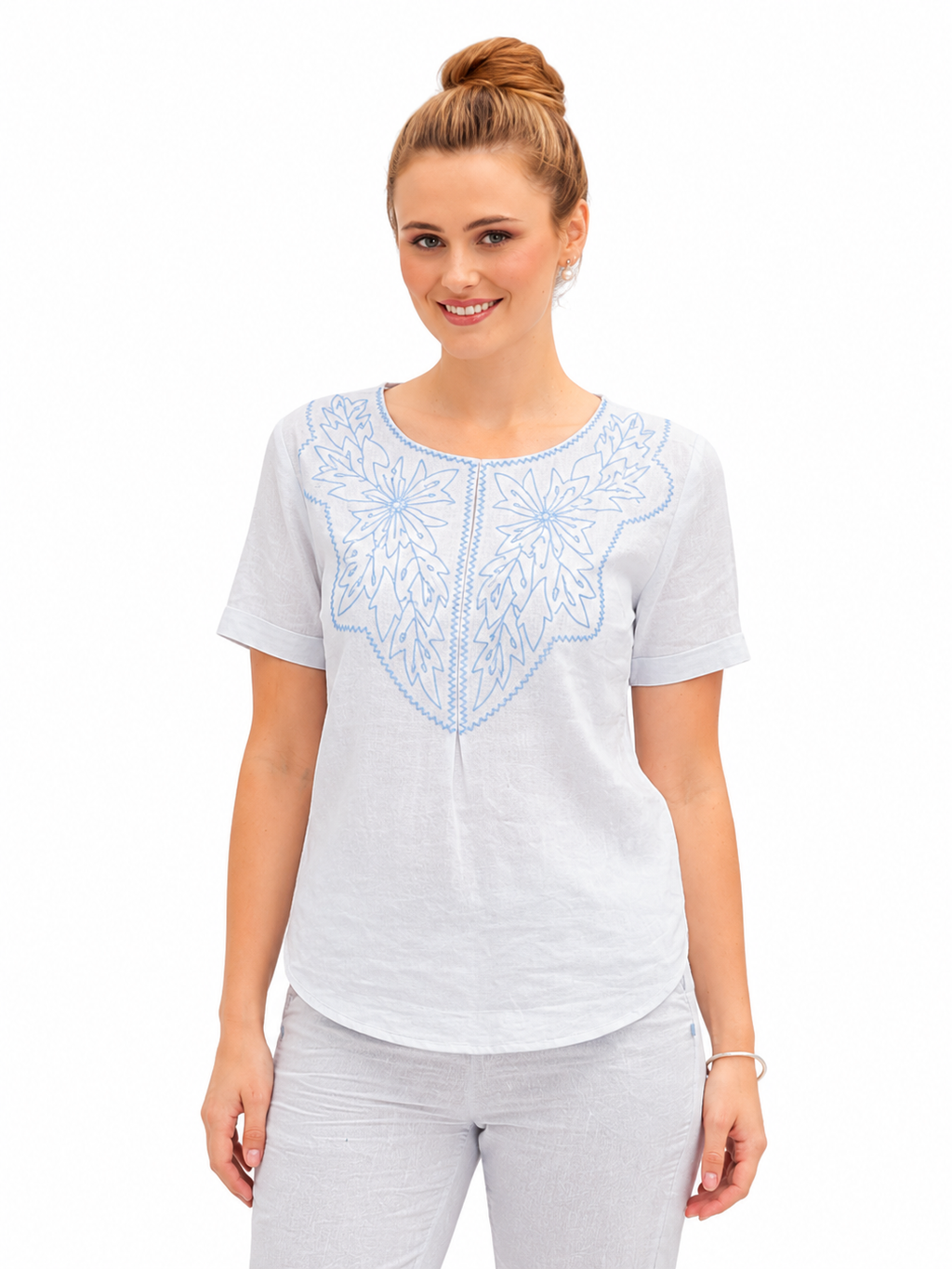 Mesmerro Azure Bloom White Embroidered Women’s Co-Ord Set with Round-Neck Short-Sleeve Top & Straight-Fit Pants