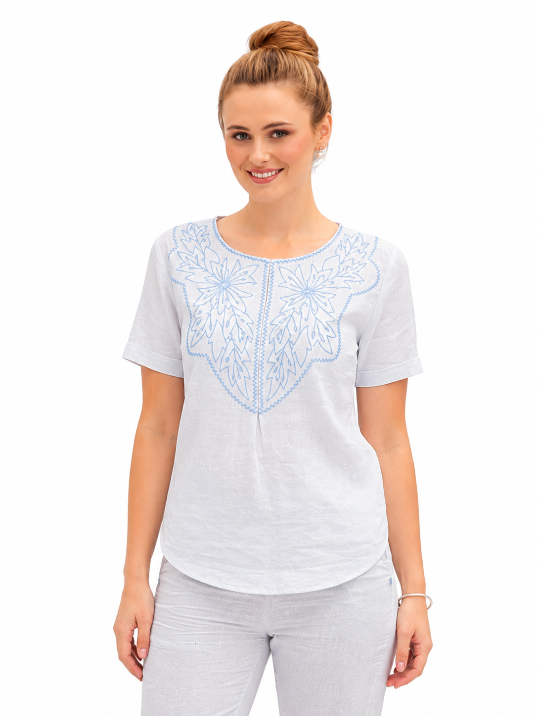Mesmerro Azure Bloom White Embroidered Women’s Co-Ord Set with Round-Neck Short-Sleeve Top & Straight-Fit Pants