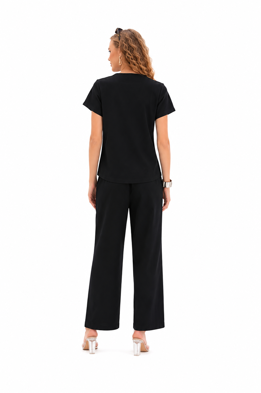 Mesmerro Monochrome Leaf Black & Ivory Women’s Co-Ord Set with Notch-Neck Short-Sleeve Top & Wide-Leg Pants