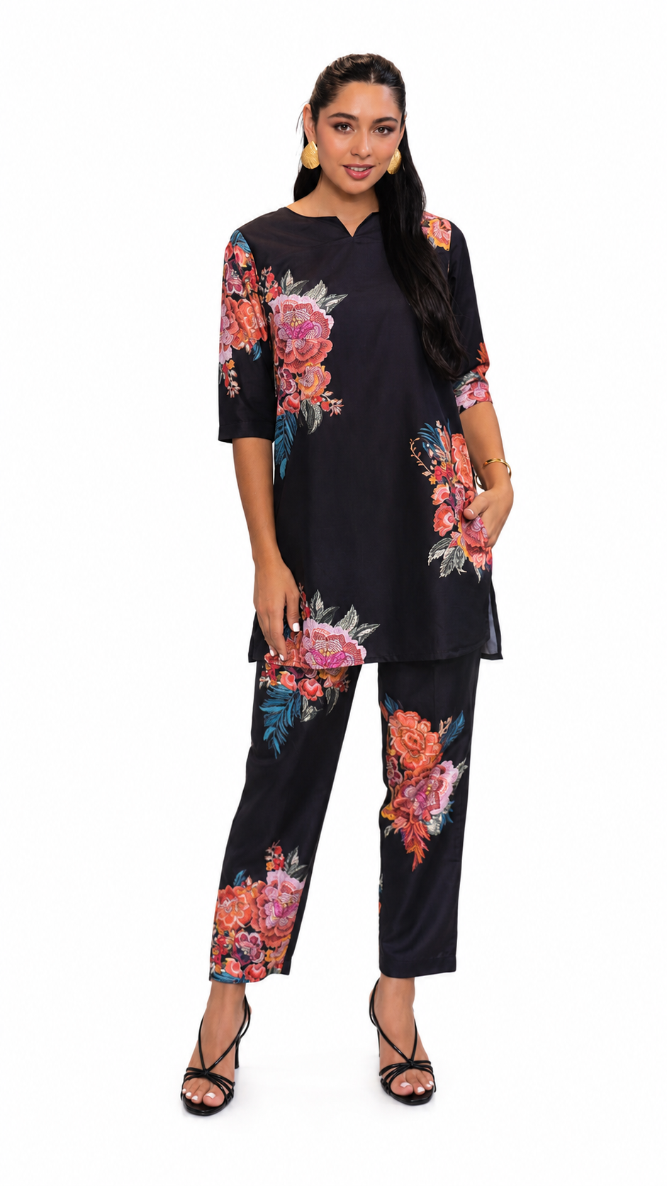 Mesmerro Midnight Bouquet Floral Printed Women’s Co-Ord Set with Split-Neck 3/4 Sleeve Tunic & Tapered Pants