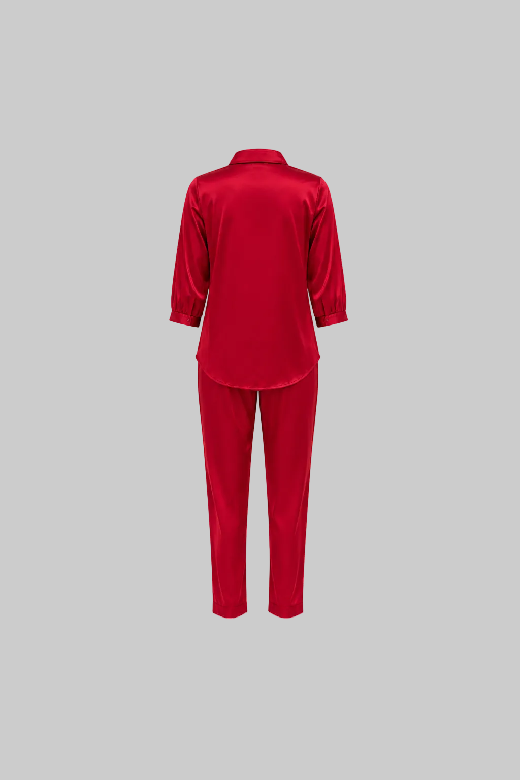 Mesmerro Crimson Luxe Solid Satin Women’s Co-Ord Set with Collared 3/4 Sleeve Shirt & Straight-Fit Pants
