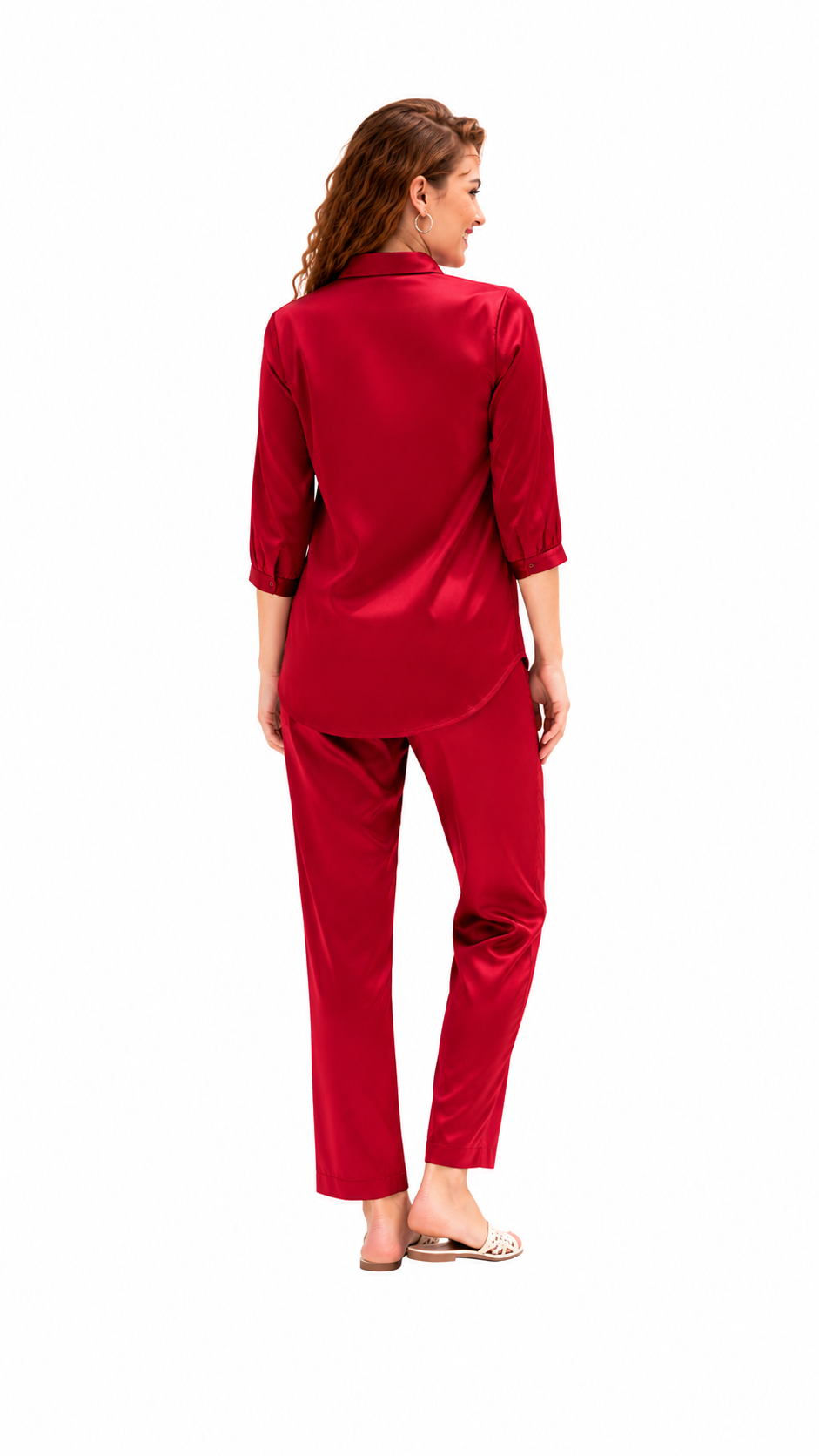 Mesmerro Crimson Luxe Solid Satin Women’s Co-Ord Set with Collared 3/4 Sleeve Shirt & Straight-Fit Pants