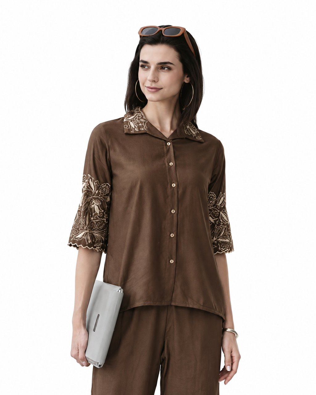 Mesmerro Mocha Bloom Embroidered Women’s Co-Ord Set with Collared Half-Sleeve Shirt & Straight-Fit Pants