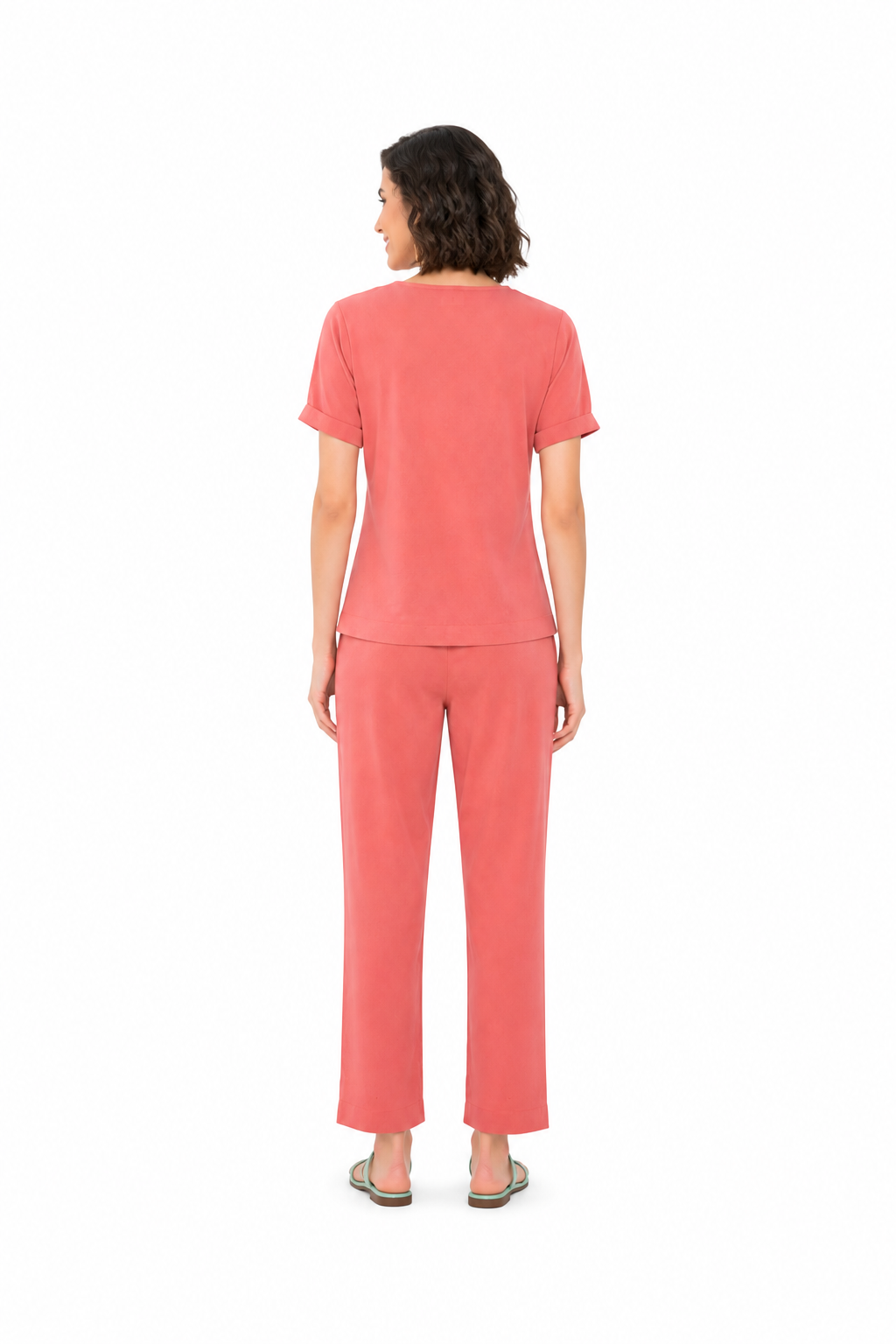 Mesmerro Coral Mosaic Women’s Co-Ord Set with Split-Neck Short-Sleeve Top & Straight-Fit Pocket Pants
