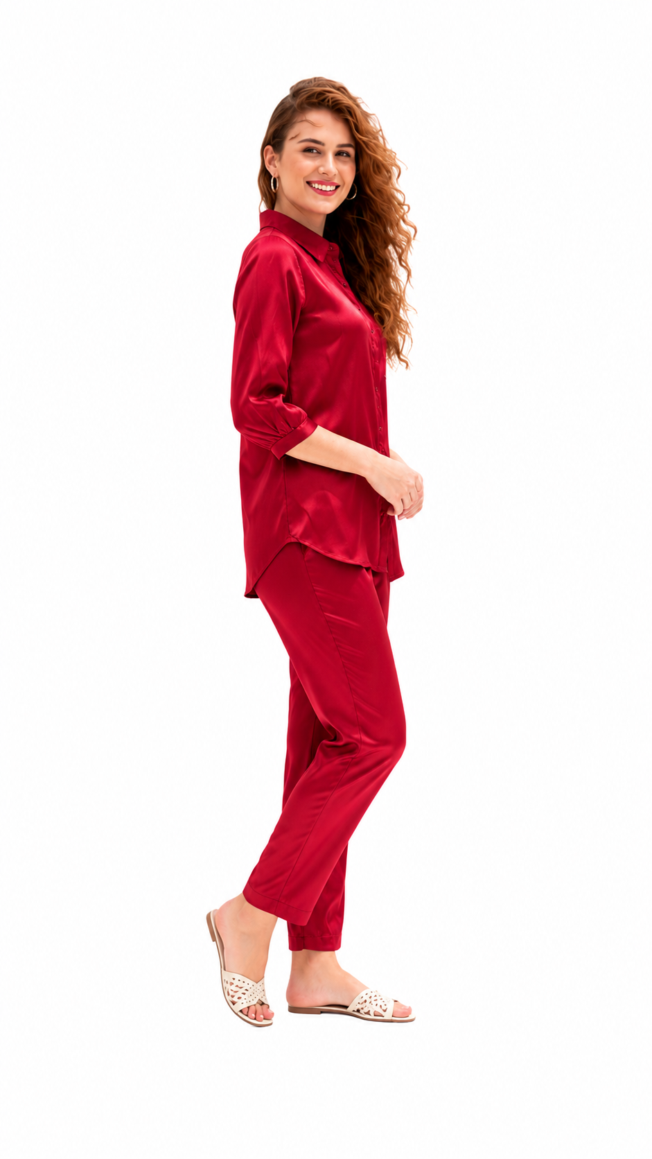 Mesmerro Crimson Luxe Solid Satin Women’s Co-Ord Set with Collared 3/4 Sleeve Shirt & Straight-Fit Pants