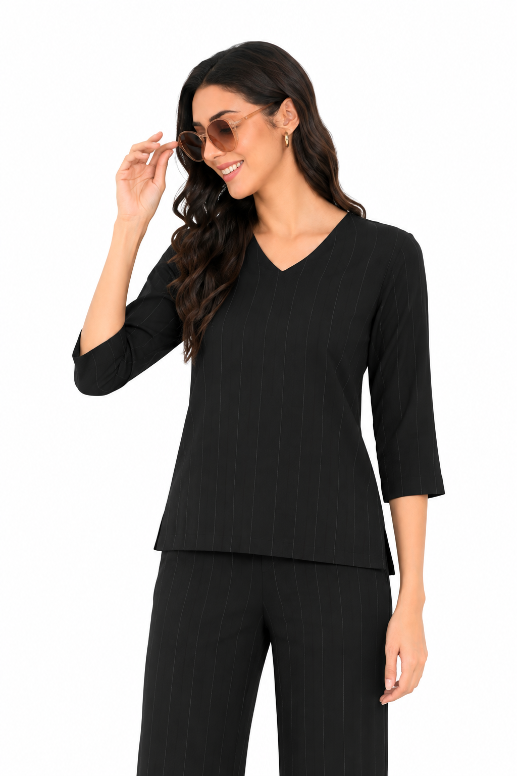Mesmerro Midnight Line Black Pinstripe Women’s Co-Ord Set with V-Neck 3/4 Sleeve Top & Wide-Leg Pants