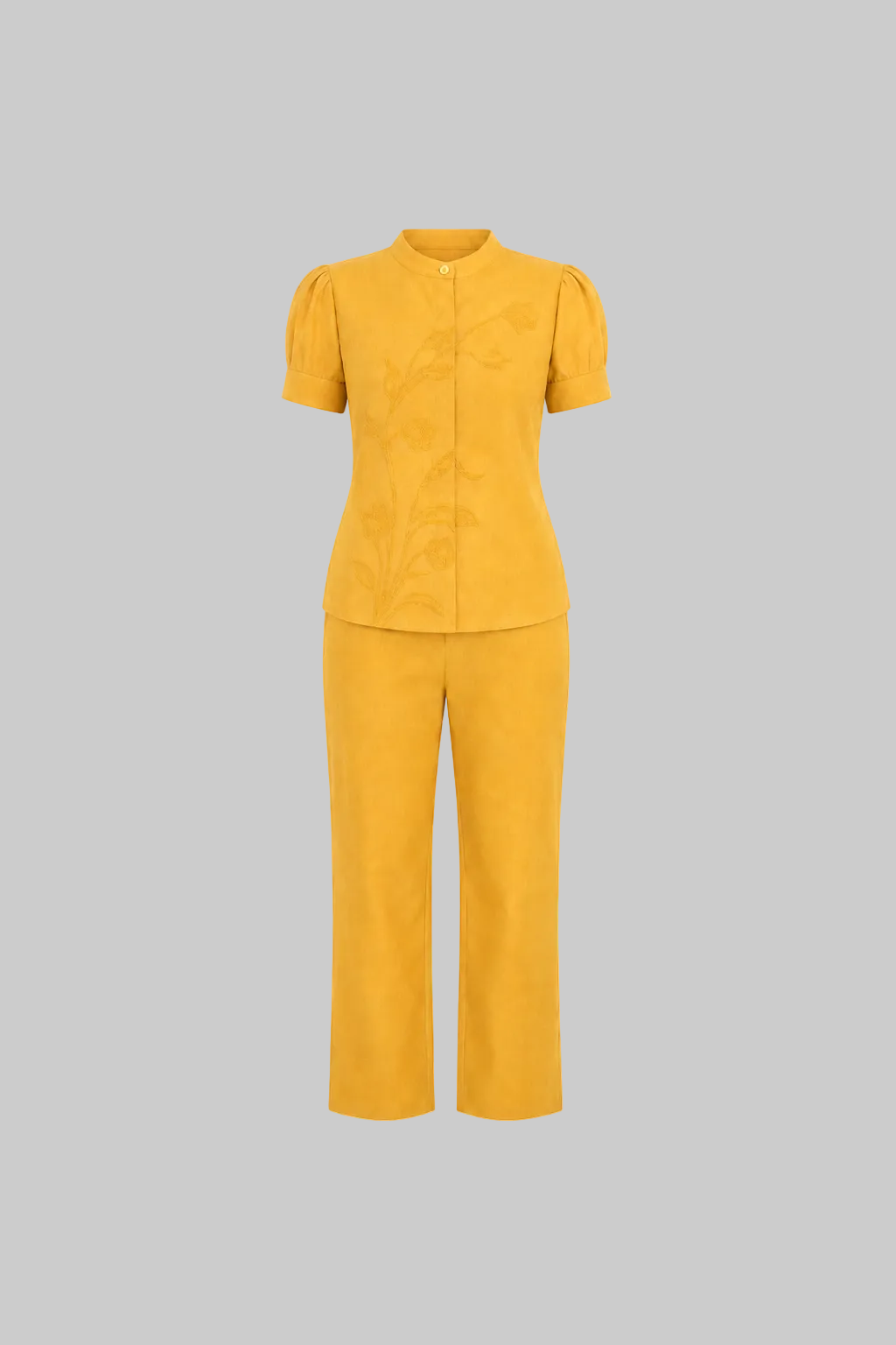 Mesmerro Golden Lily Mustard Embroidered Women’s Co-Ord Set with Mandarin-Collar Puff-Sleeve Top & Straight-Fit Pants