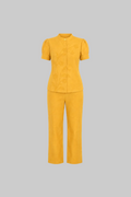 Mesmerro Golden Lily Mustard Embroidered Women’s Co-Ord Set with Mandarin-Collar Puff-Sleeve Top & Straight-Fit Pants