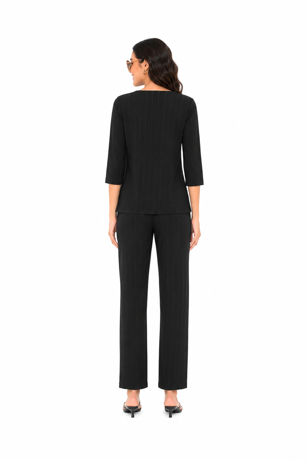 Mesmerro Midnight Line Black Pinstripe Women’s Co-Ord Set with V-Neck 3/4 Sleeve Top & Wide-Leg Pants