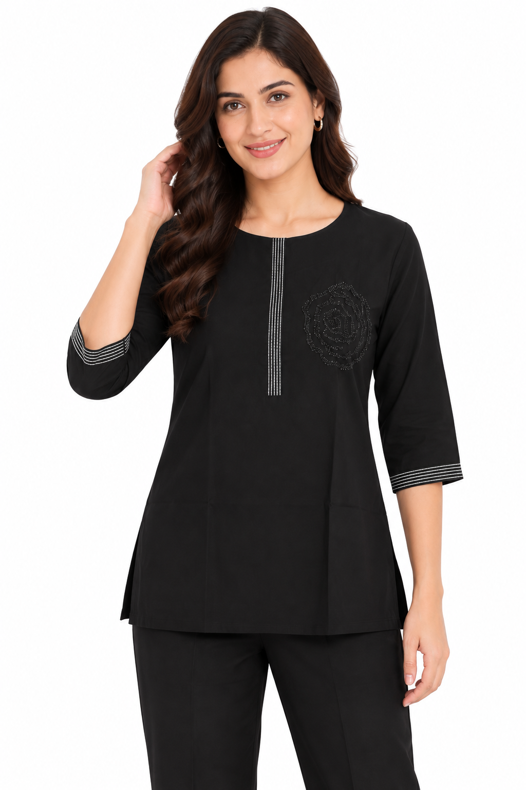 Mesmerro Midnight Rose Black Embroidered Women’s Co-Ord Set with Round-Neck 3/4 Sleeve Top & Straight-Fit Pants