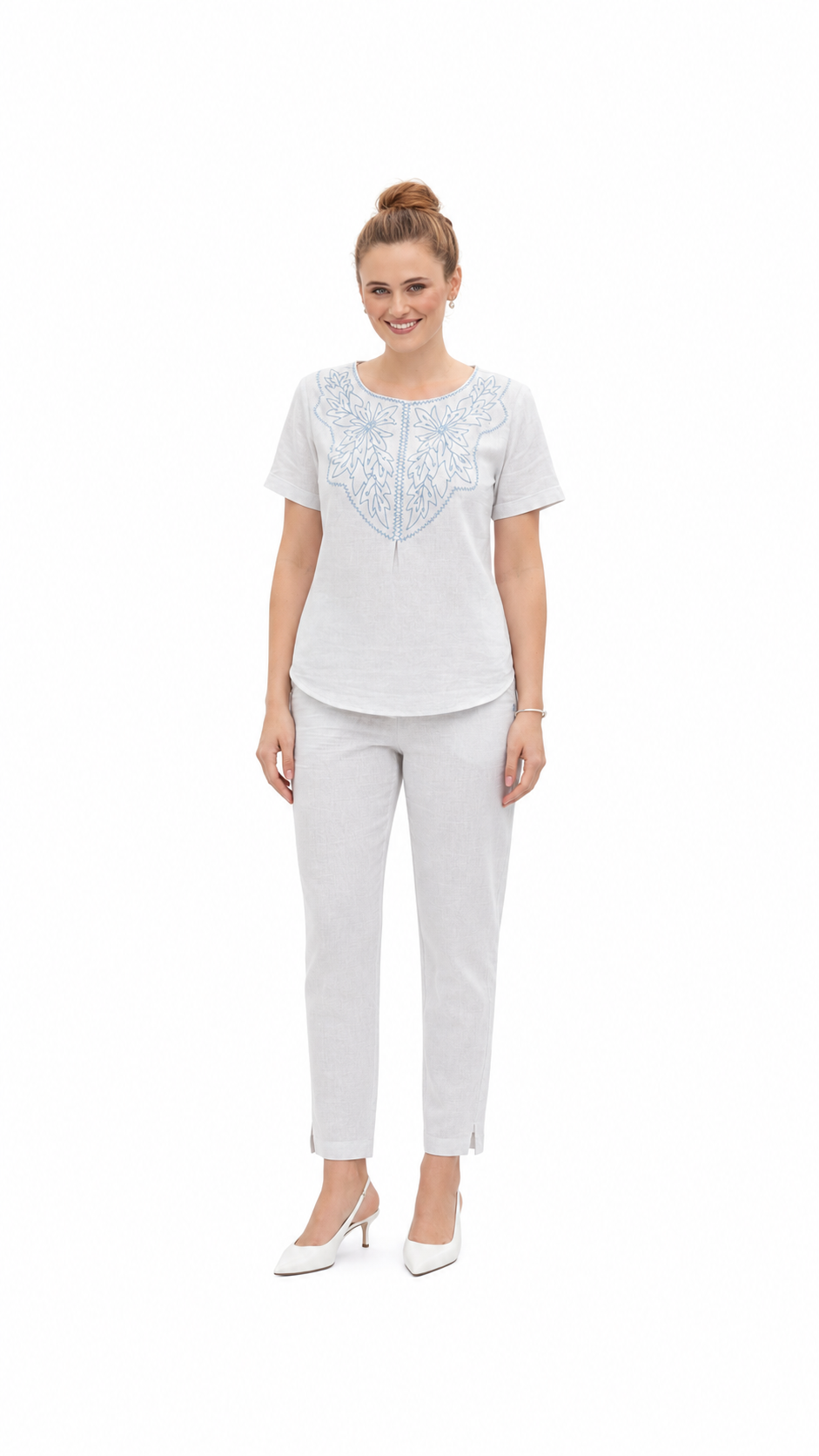 Mesmerro Azure Bloom White Embroidered Women’s Co-Ord Set with Round-Neck Short-Sleeve Top & Straight-Fit Pants