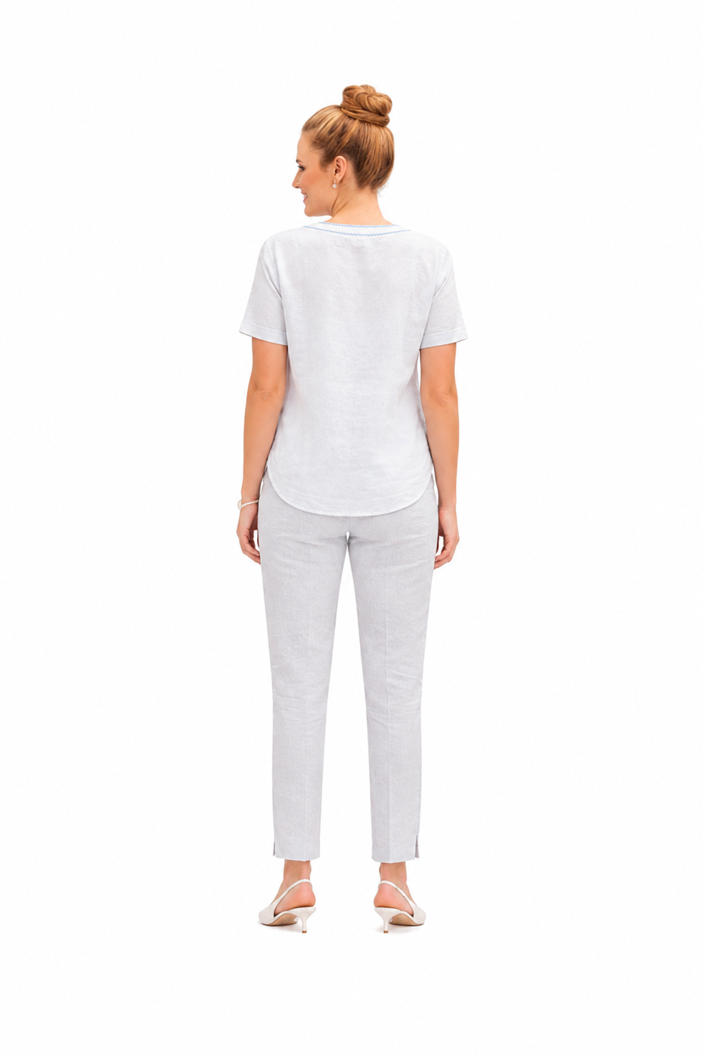 Mesmerro Azure Bloom White Embroidered Women’s Co-Ord Set with Round-Neck Short-Sleeve Top & Straight-Fit Pants