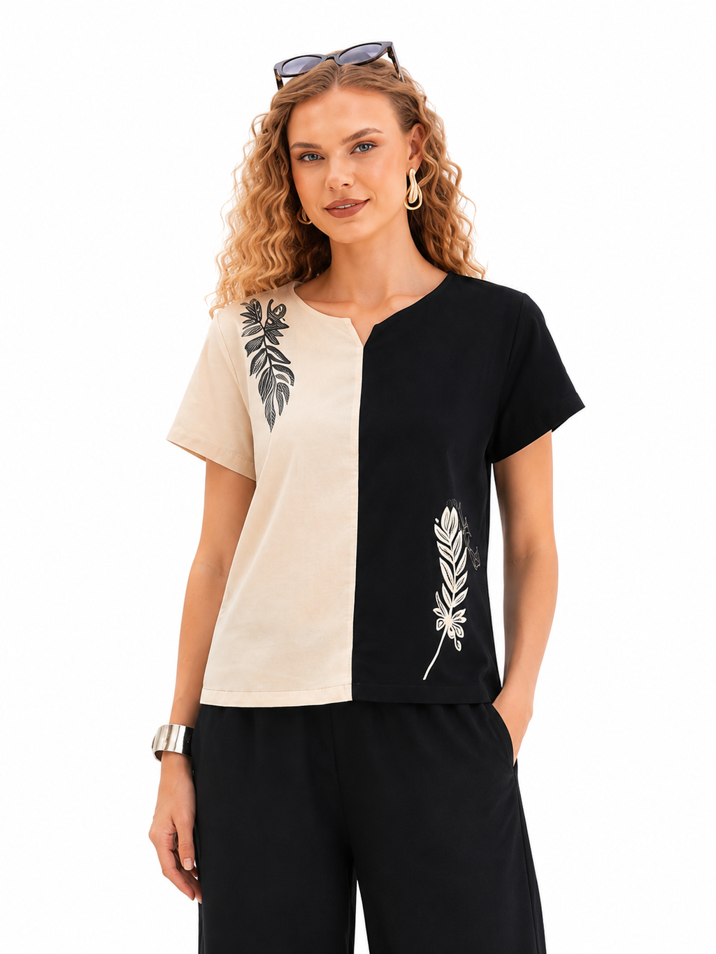 Mesmerro Monochrome Leaf Black & Ivory Women’s Co-Ord Set with Notch-Neck Short-Sleeve Top & Wide-Leg Pants