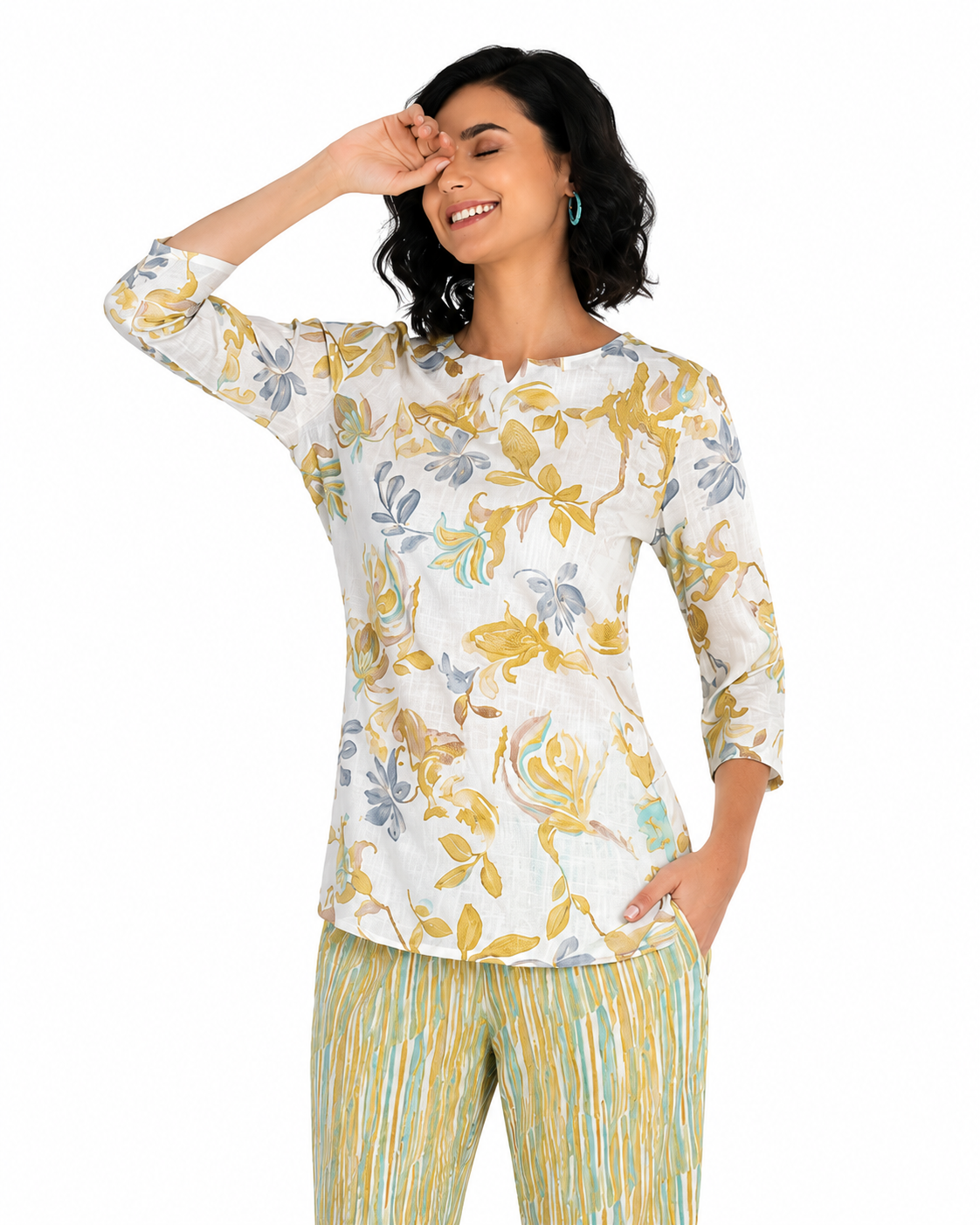 Mesmerro Golden Aqua Garden Mixed-Print Women’s Co-Ord Set with Notch-Neck 3/4 Sleeve Tunic & Straight-Fit Pants