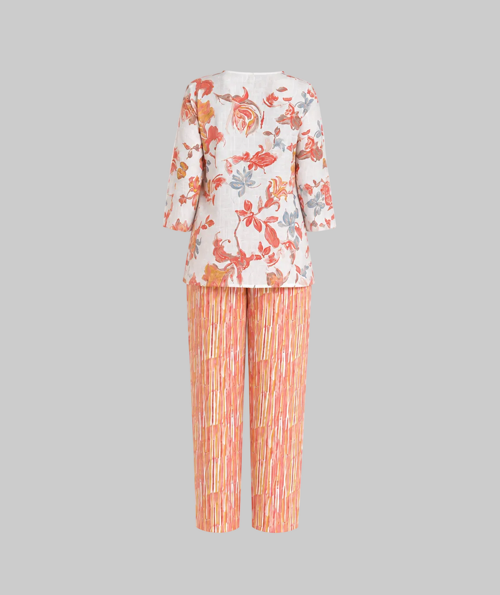 Mesmerro Golden Aqua Garden Mixed-Print Women’s Co-Ord Set with Notch-Neck 3/4 Sleeve Tunic & Straight-Fit Pants