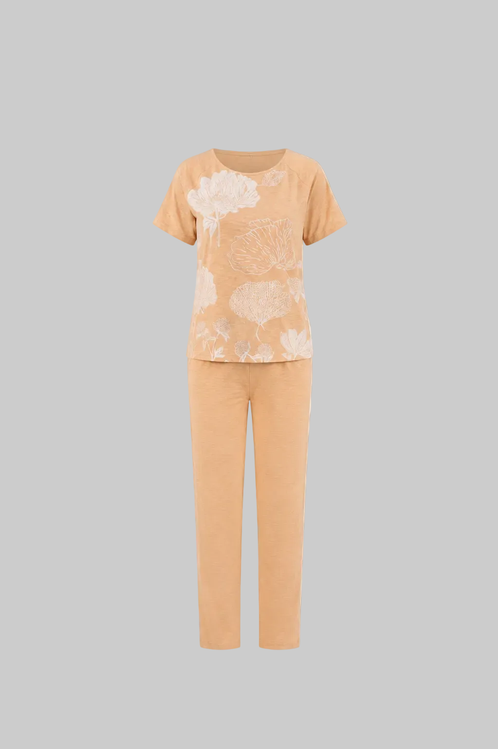Mesmerro Peach Blossom Floral Printed Women’s Co-Ord Set with Round-Neck Short-Sleeve Top & Straight-Fit Pants