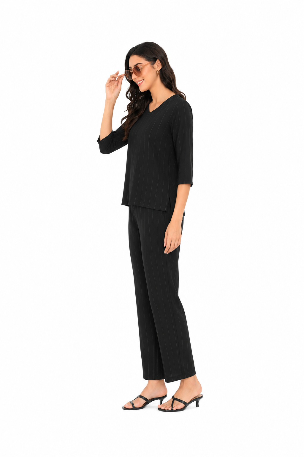 Mesmerro Midnight Line Black Pinstripe Women’s Co-Ord Set with V-Neck 3/4 Sleeve Top & Wide-Leg Pants