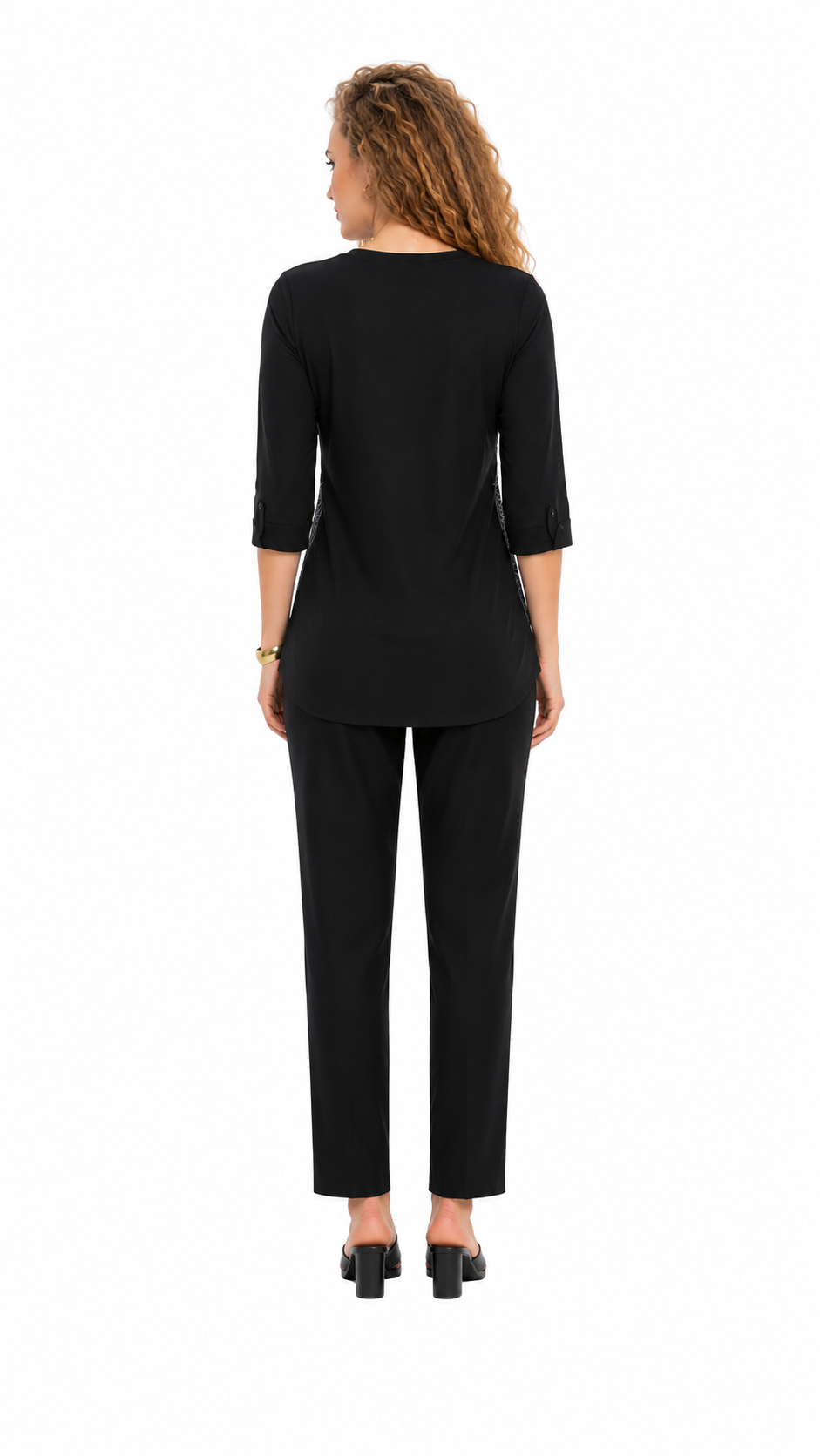 Mesmerro Midnight Leaf Black Line-Art Women’s Co-Ord Set with Split-Neck 3/4 Sleeve Top & Straight-Fit Pants