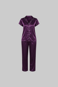 After Dusk Mauve Satin Night Suit Set for Women – Short-Sleeve Button-Down Top with Relaxed-Fit Pajama Pants