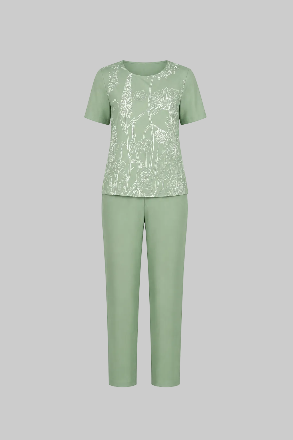 Mesmerro Sage Meadow Floral Printed Women’s Co-Ord Set with Round-Neck Short-Sleeve Top & Straight-Fit Pants