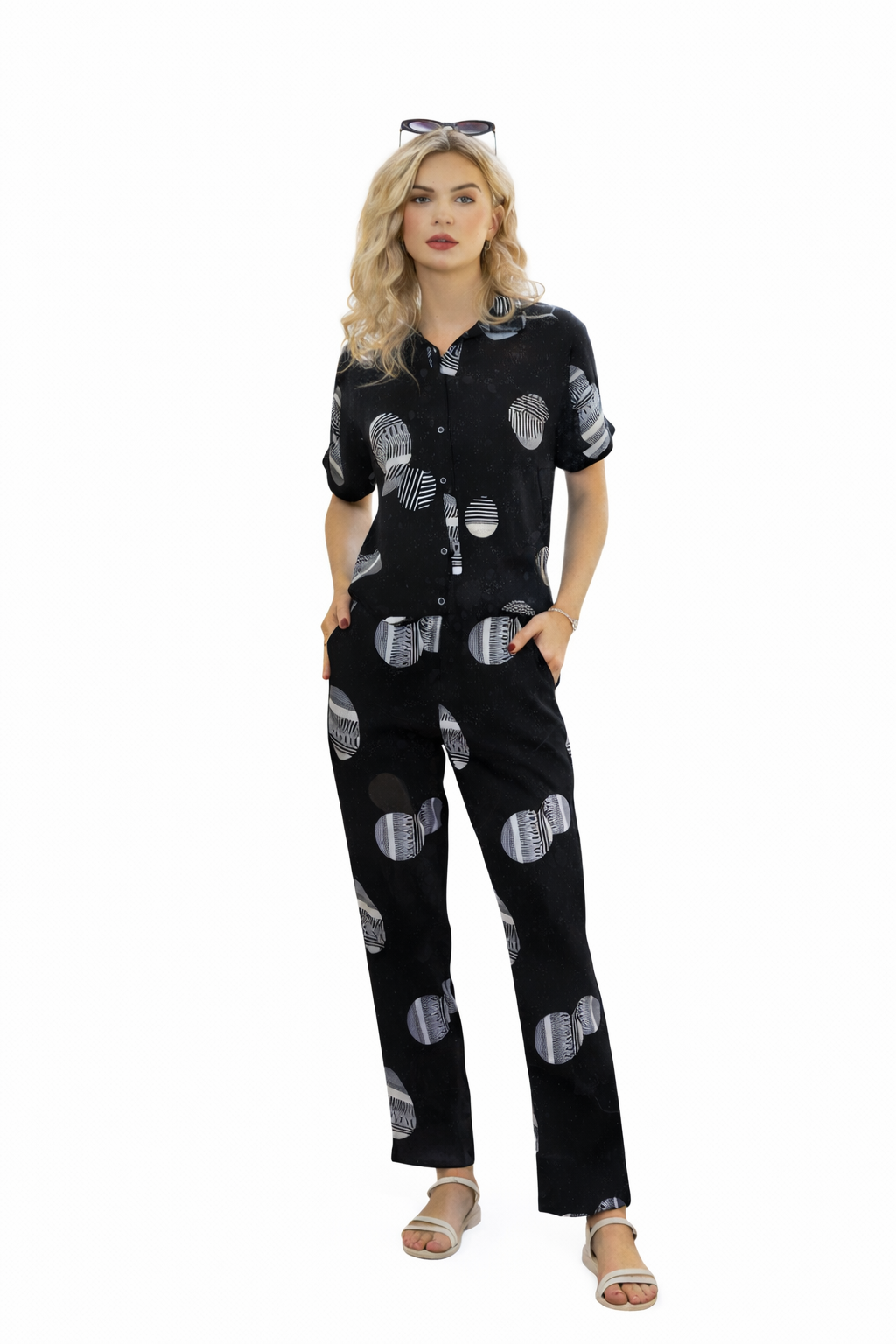 Mesmerro Midnight Orbit Abstract Printed Women’s Co-Ord Set with Collared Short-Sleeve Shirt & Straight-Fit Pants