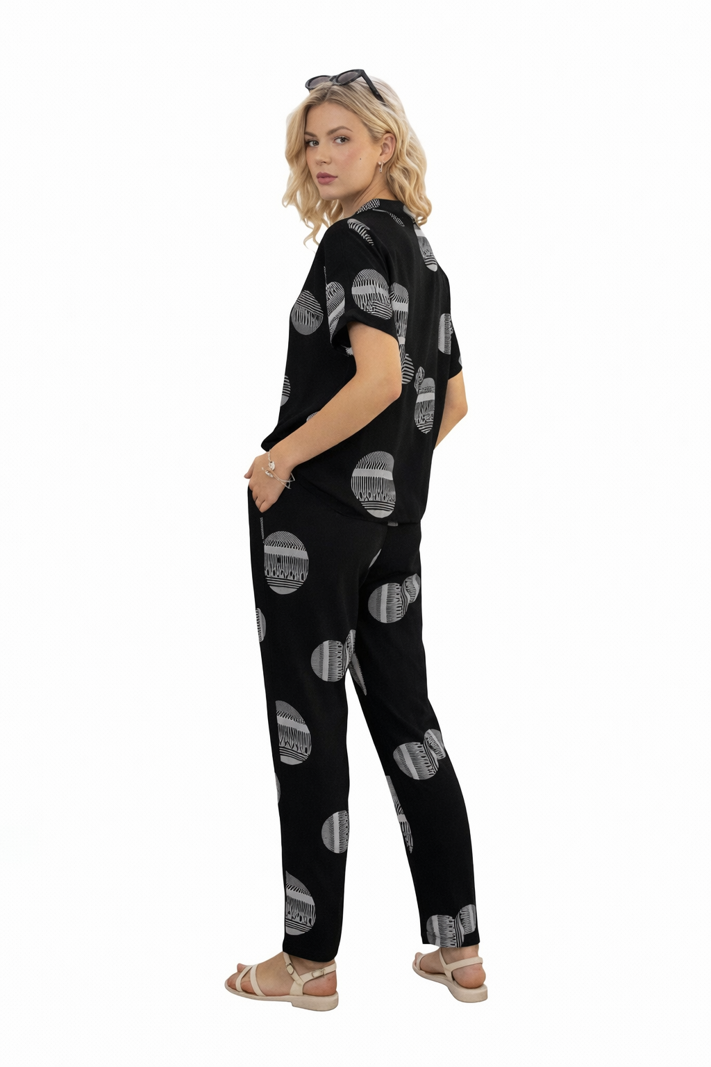 Mesmerro Midnight Orbit Abstract Printed Women’s Co-Ord Set with Collared Short-Sleeve Shirt & Straight-Fit Pants