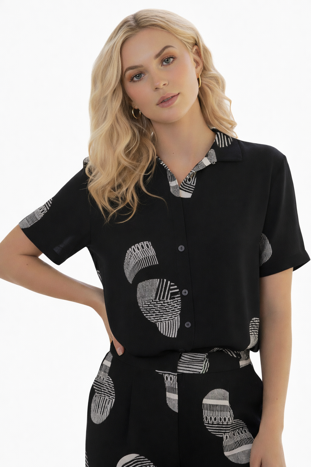 Mesmerro Midnight Orbit Abstract Printed Women’s Co-Ord Set with Collared Short-Sleeve Shirt & Straight-Fit Pants