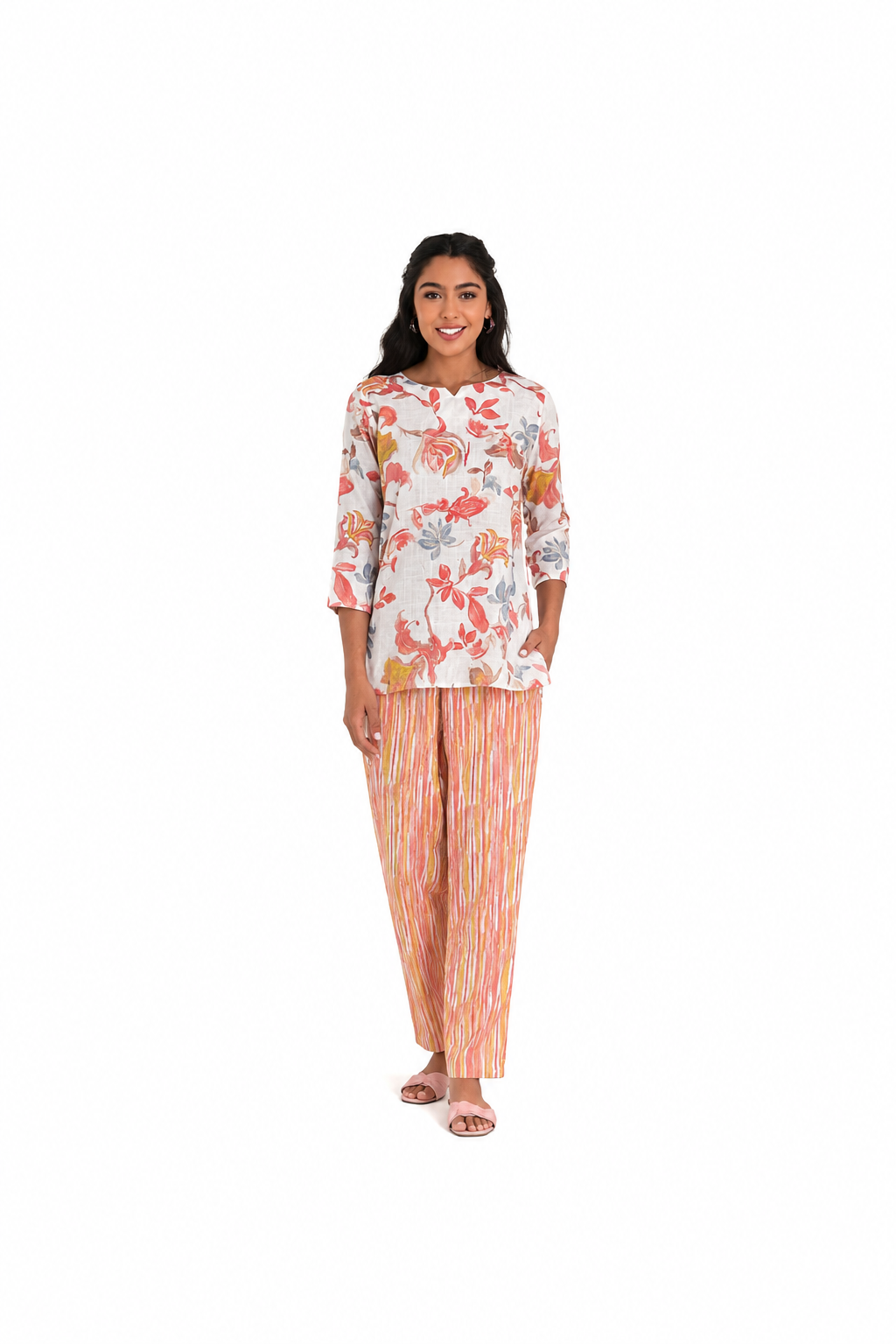 Mesmerro Golden Aqua Garden Mixed-Print Women’s Co-Ord Set with Notch-Neck 3/4 Sleeve Tunic & Straight-Fit Pants